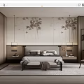 Modern Elegant Bedroom Interior Design With Mural Backdrop Pendant Lights Nightstands And Bench