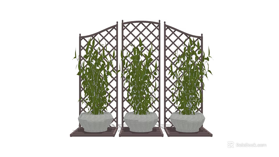Bonsai Potted Plants With Bamboo like Foliage Three Gray Pots And Lattice Screen 3d model 