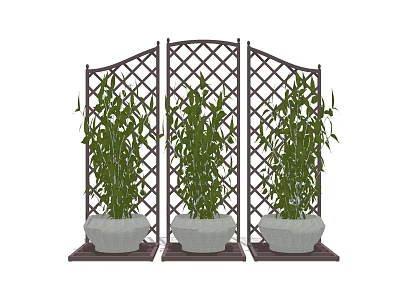 Bonsai Potted Plants With Bamboo like Foliage Three Gray Pots And Lattice Screen 3d model
