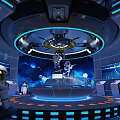 Space Themed KTV Entertainment Venue With Astronaut Figures Blue Lighting And Round Stage Design