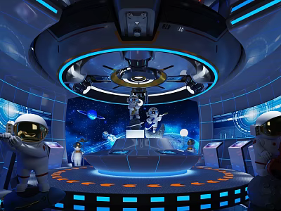 Space Themed KTV Entertainment Venue With Astronaut Figures Blue Lighting And Round Stage Design 3d model