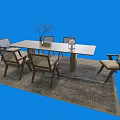 Dining Table Set Featuring Six Woven Backrest Chairs Lamp Vase On Rectangular Top And Rug 3d model