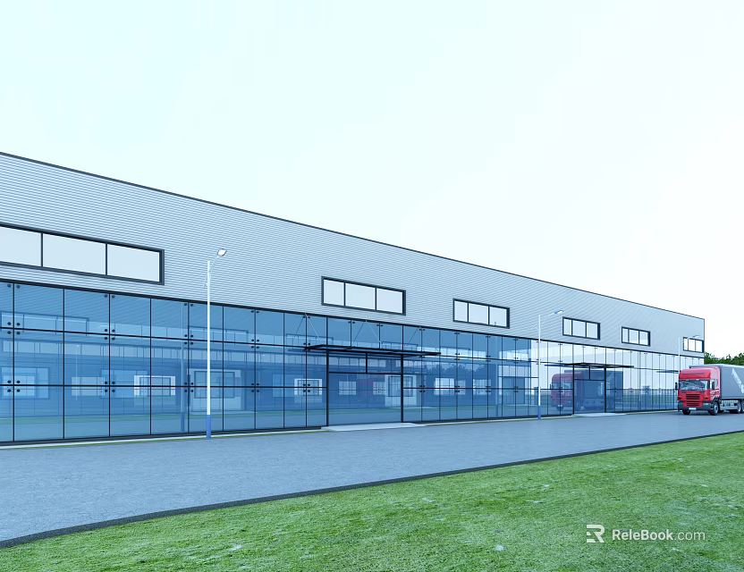 Modern Industrial Factory Building With Glass Walls Multiple Windows Road Grass And Red Truck 3d model 
