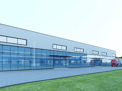 Modern Industrial Factory Building With Glass Walls Multiple Windows Road Grass And Red Truck 3d model
