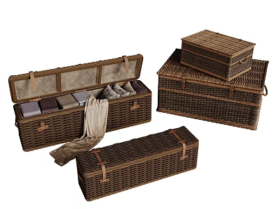 Woven Rattan Storage Baskets With Open Lid For Clothing Organization And Stackable Design 3d model
