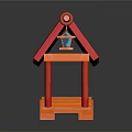 Traditional Chinese Architecture Model With Red Roof Orange Curved Structure And Lantern