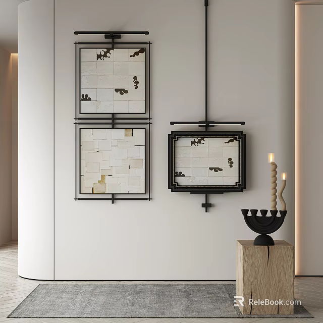 Stylish Wall Art Display With Black Framed Abstract Pieces And Wooden Candle Holder 3d model 