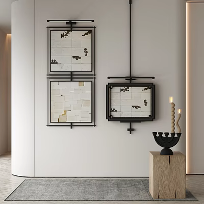 Stylish Wall Art Display With Black Framed Abstract Pieces And Wooden Candle Holder 3d model