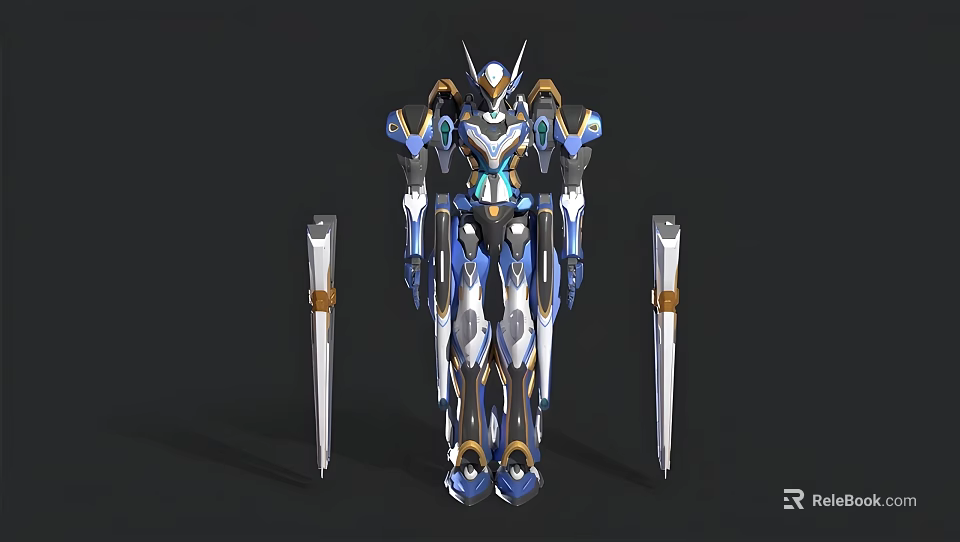 Man In Futuristic Mecha Robot Armor With Blue Silver Design And Weapons 3d model 