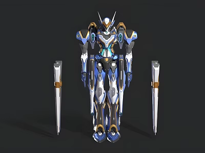 Man In Futuristic Mecha Robot Armor With Blue Silver Design And Weapons 3d model