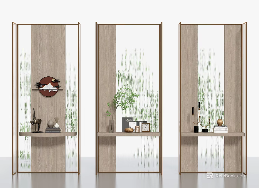 Modern Room Dividers With Wooden Frames Glass Panels And Decorative Shelves 3d model 