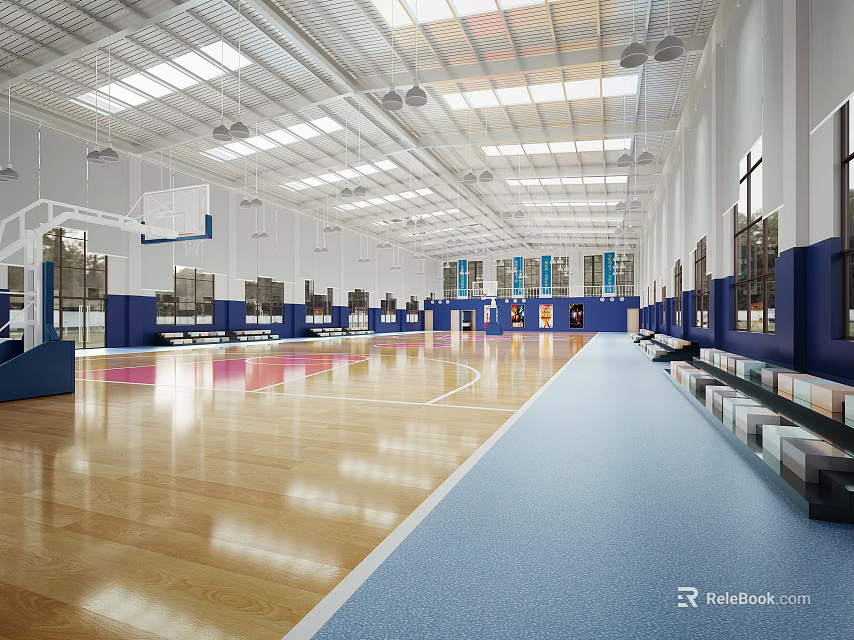 Spacious Basketball Gym Interior With Wooden Flooring Bright Ceiling Lights And Side Benches 3d model 