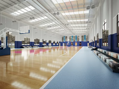 Spacious Basketball Gym Interior With Wooden Flooring Bright Ceiling Lights And Side Benches 3d model