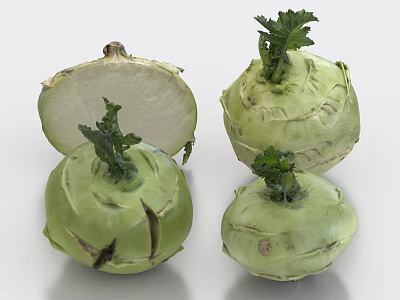 Fresh Kohlrabi Vegetables Three Pieces One Sliced Open Showing White Interior With Green Leaves 3d model