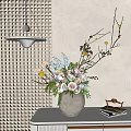 Elegant Floral Display in Terracotta Vase with Roses Hydrangeas Green Foliage on Table Against Gray Wall