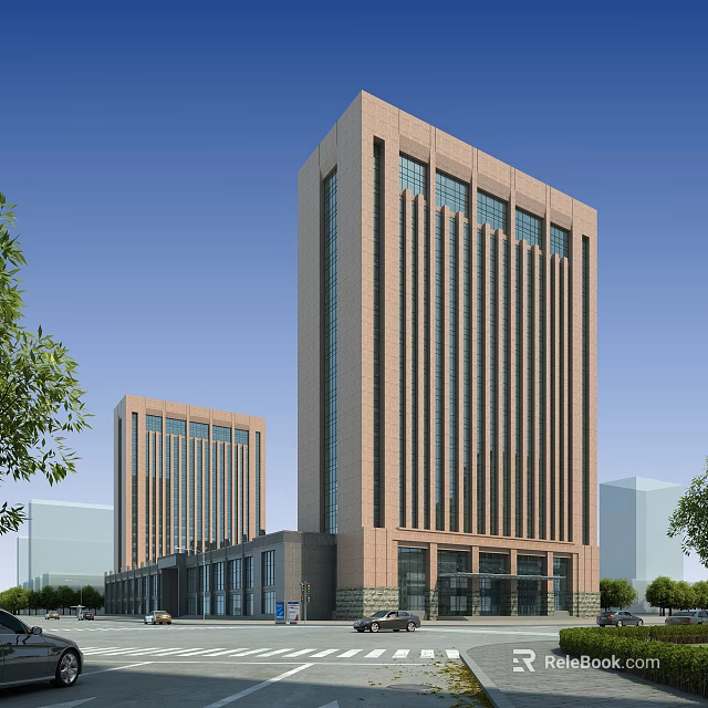 Modern High Rise Office Building With Glass Curtain Walls And Tree Surroundings 3d model 