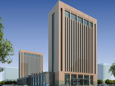 Modern High Rise Office Building With Glass Curtain Walls And Tree Surroundings 3d model
