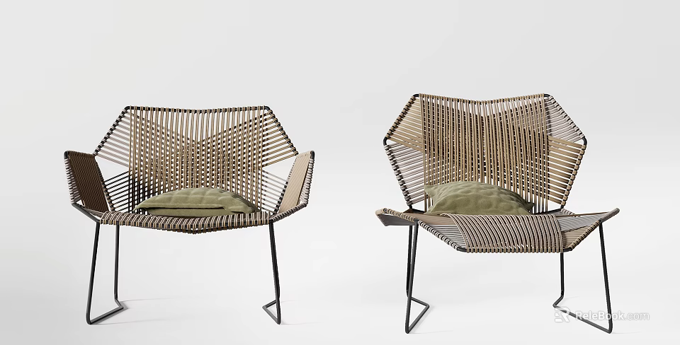 Woven Design Leisure Chair With Metal Frame And Green Cushion For Modern Living 3d model 