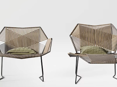 Woven Design Leisure Chair With Metal Frame And Green Cushion For Modern Living 3d model