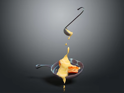 Golden Cheese Sauce Pouring Over Pan Fried Food With Dripping On Black Background 3d model