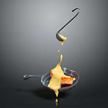 Golden Cheese Sauce Pouring Over Pan Fried Food With Dripping On Black Background