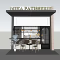 Elegant Dessert Shop Interior With Display Counter Tables Chairs Framed Artworks And Hanging Lights