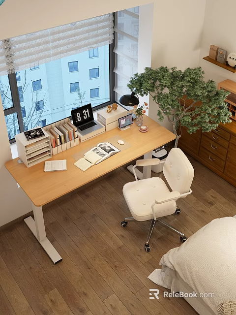 Organized Wooden Desk Setup With Books Clock Laptop Lamp And White Chair 3d model 