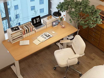 Organized Wooden Desk Setup With Books Clock Laptop Lamp And White Chair 3d model