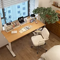 Organized Wooden Desk Setup With Books Clock Laptop Lamp And White Chair