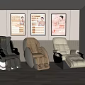Massage Chairs Display in Modern Showroom with Luxury Design and Promotional Posters