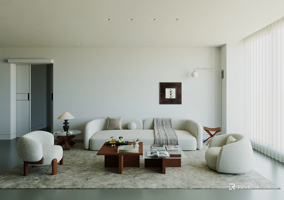 Modern Living Room Interior With Beige Sofa Armchairs Coffee Tables And Decorative Wall Art 3d model 