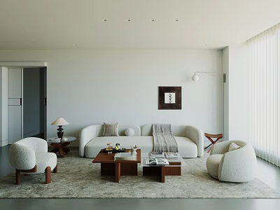 Modern Living Room Interior With Beige Sofa Armchairs Coffee Tables And Decorative Wall Art 3d model
