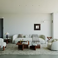 Modern Living Room Interior With Beige Sofa Armchairs Coffee Tables And Decorative Wall Art