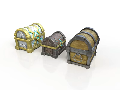 Ornate Treasure Chests With Wooden Bodies Metallic Straps And Blue Details 3d model