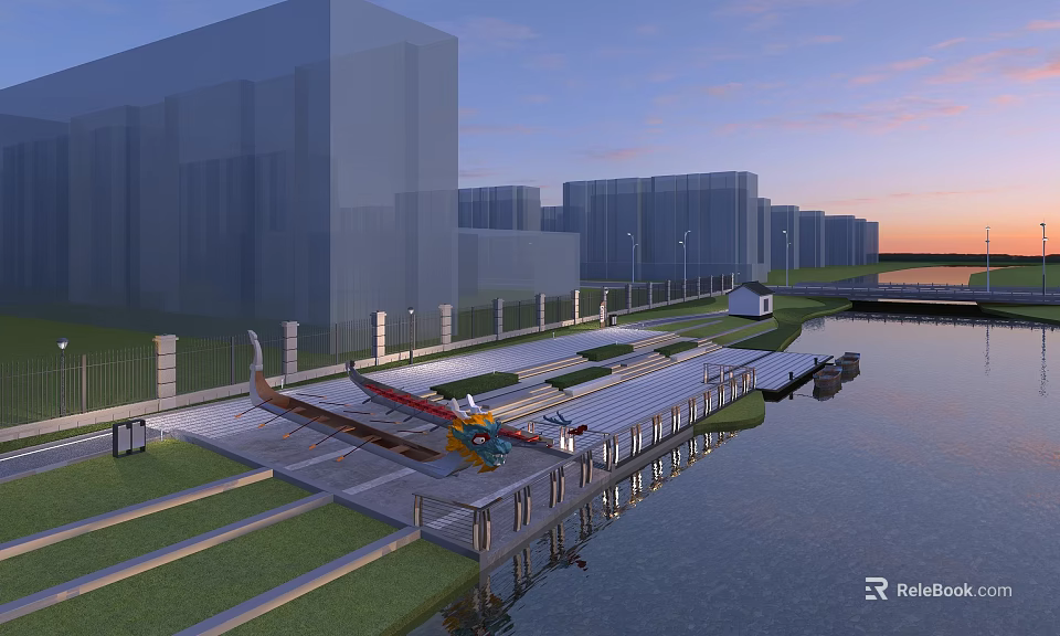 Evening Waterfront Landscape With Urban Tall Buildings Riverside Promenade And Greenery Illumination 3d model 