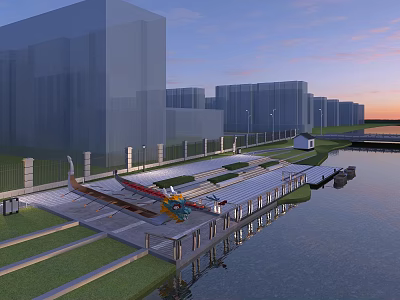 Evening Waterfront Landscape With Urban Tall Buildings Riverside Promenade And Greenery Illumination 3d model