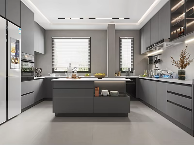 Modern Kitchen Interior with Gray Cabinets Island Appliances and Window Blinds 3d model