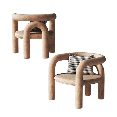 Stylish Modern Accent Chairs In Beige Fabric With Curved Arms And Plaid Cushion Design 3d model