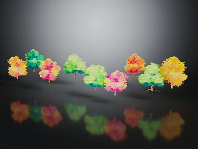 Colorful Trees with Vibrant Yellow Pink Green Orange Hues and Reflections Against Gray Gradient Background 3d model