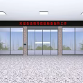 Modern Building Entrance with Glass Doors Welcome Display and Potted Plants