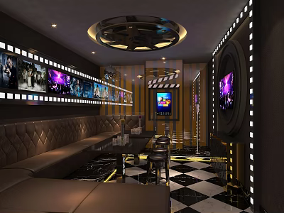Modern KTV Lounge Interior with Comfortable Sofas Tables Screens LED Lighting and Checkered Floor 3d model