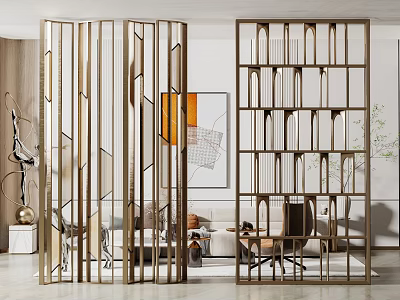 Modern Golden Metal Room Divider With Geometric Cutouts In Living Space Interior 3d model