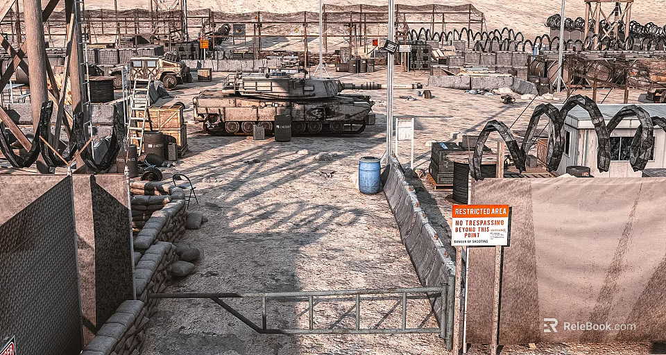 Military Base Scene Featuring Tank Barbed Wire Sandbags Metal Gate And Restricted Area Warning Sign 3d model 
