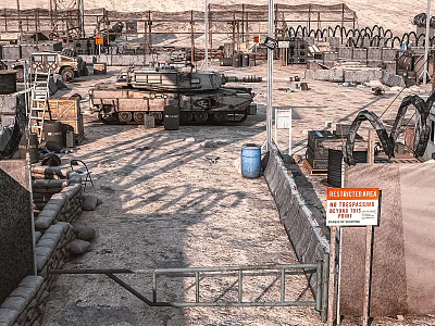 Military Base Scene Featuring Tank Barbed Wire Sandbags Metal Gate And Restricted Area Warning Sign 3d model