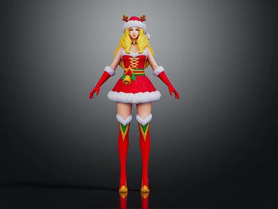 Blonde Female Character In Christmas Costume With Reindeer Antlers Red Dress White Fur Trim Stockings 3d model