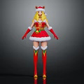 Blonde Female Character In Christmas Costume With Reindeer Antlers Red Dress White Fur Trim Stockings