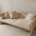 Two Seater Sofa With Woven Rattan Frame And Soft Beige Cushions In Modern Minimalist Interior