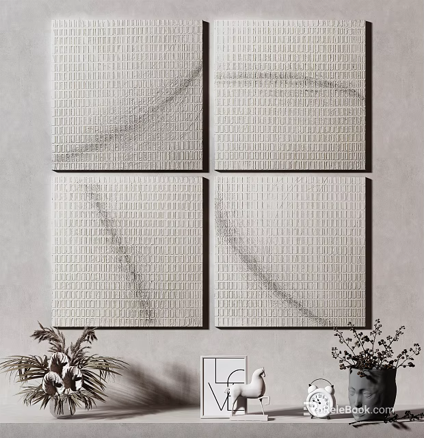 Modern Textured Wall Decor Panels With Grid And Marble Patterns And Potted Plants 3d model