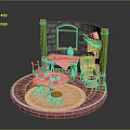 Miniature Commercial Dining Equipment with Circular Platform Stone Wall Window and Potted Cactus
