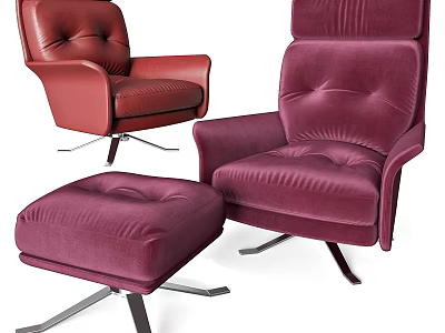 Modern Armchairs And Ottoman With Velvet Upholstery Red Purple Metal Legs 3d model
